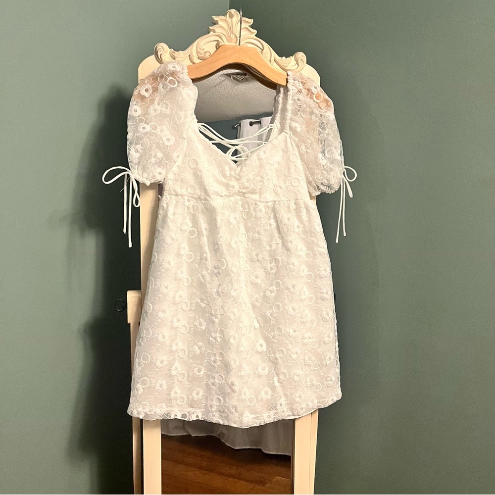 Altar’d State White Babydoll Dress with Puff Sleeves